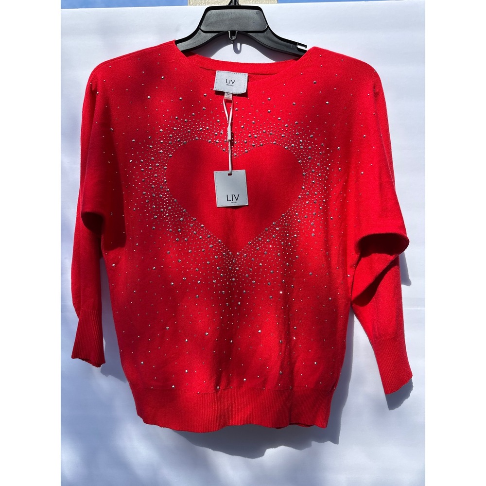 Liv Milano Red Rhinestone Heart Sweater Womens Medium NWT Crew Neck Long Sleeve